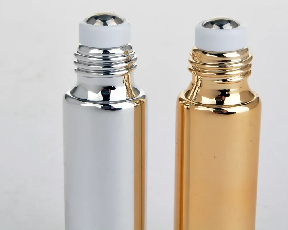 Fast Shipping 10ML Metal Roller Refillable Bottle For Essential Oils UV Roll-on Glass Bottles gold & silver colors