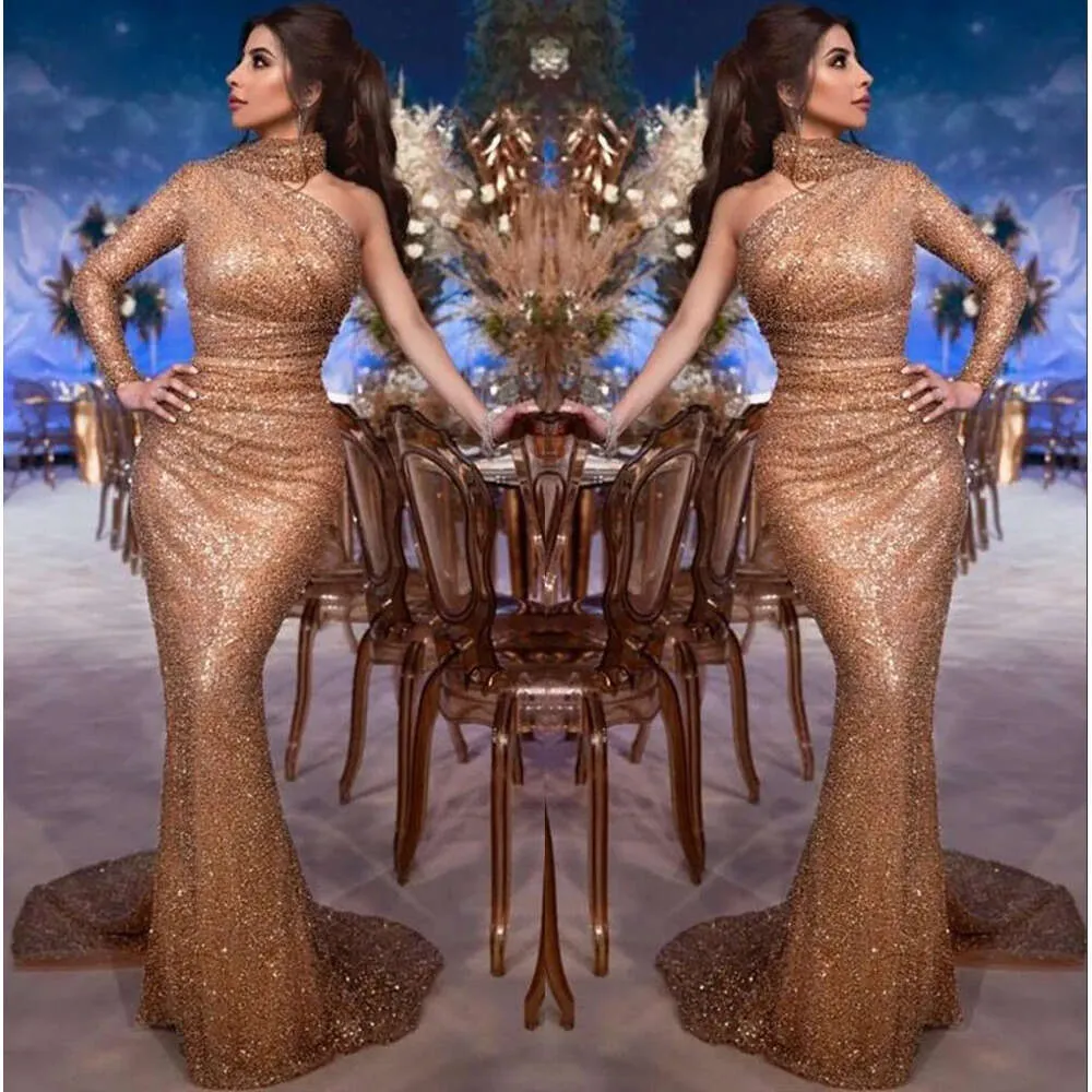 Arabic Mermaid Gold Sequin Evening Gown with Sequins, High Neck, Long Sleeves, Ruched Sweep Train - Perfect for Formal Parties and Proms in 2019 (