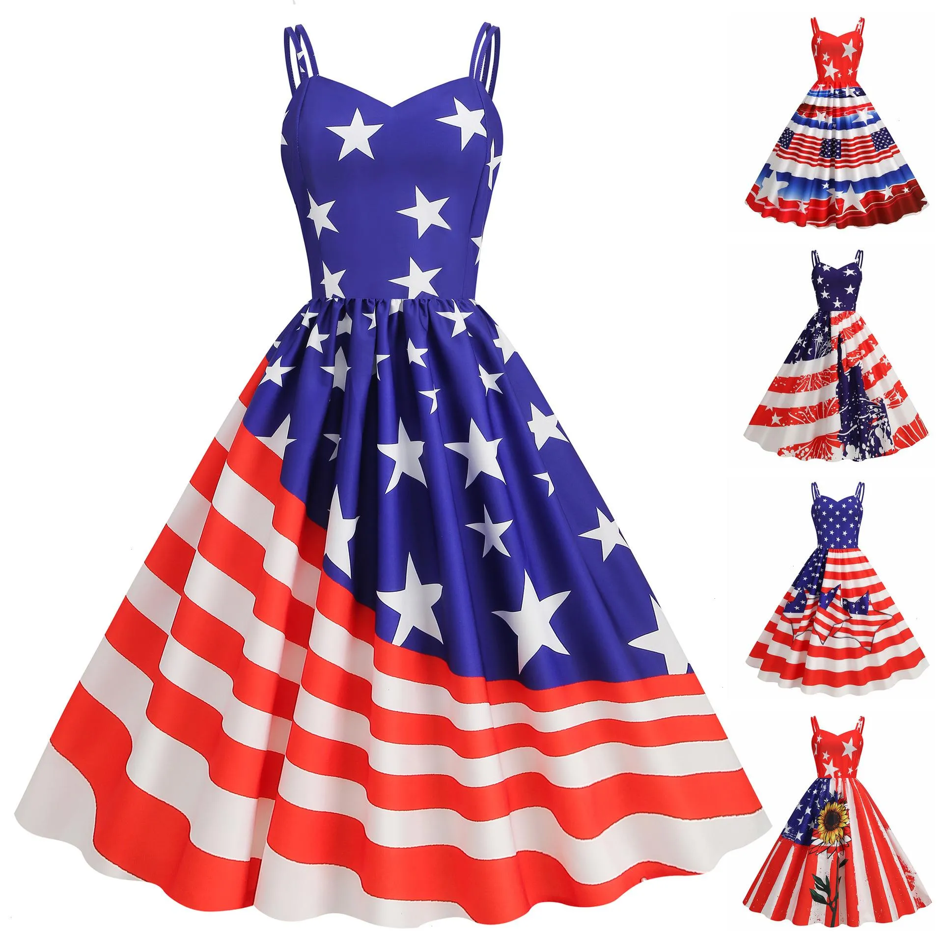 L Independence Day Womens Summer Sexy Strap American Flag Print Retro Large Swing Dress