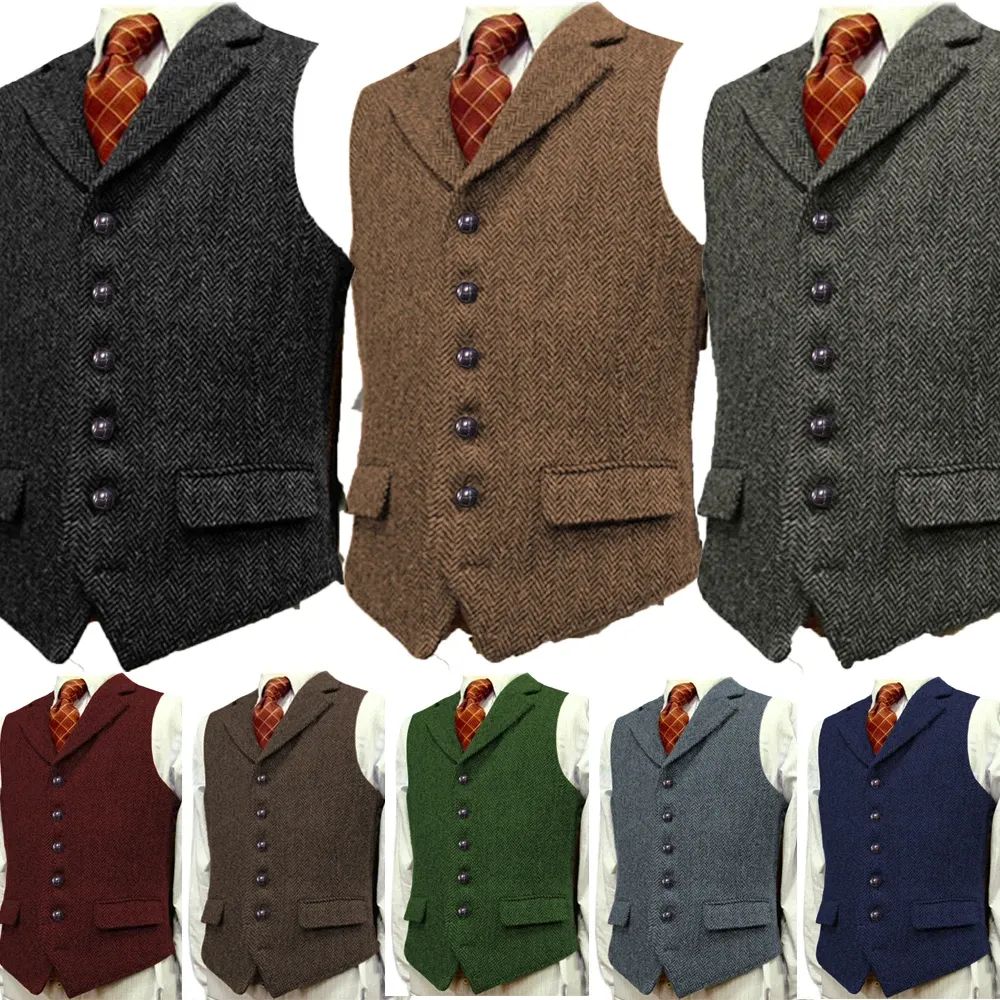 Vests Men's Wool Tweed Slim Fit Leisure Cotton Burgundy Vest Gentleman Herringbone Business Brown Waistcoat Blazer For Wedding Groom