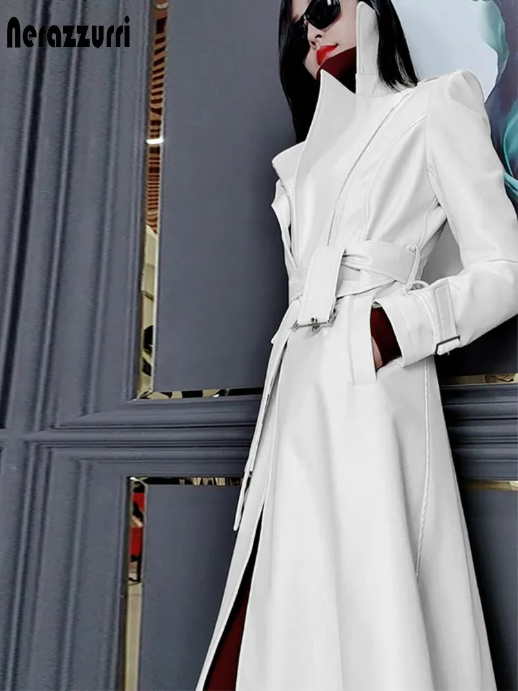 Jackets Nerazzurri Spring Runway White Long Leather Trench Coat For Women Long Sleeve Elegante luxe mode Dames Coats 2021 Designer