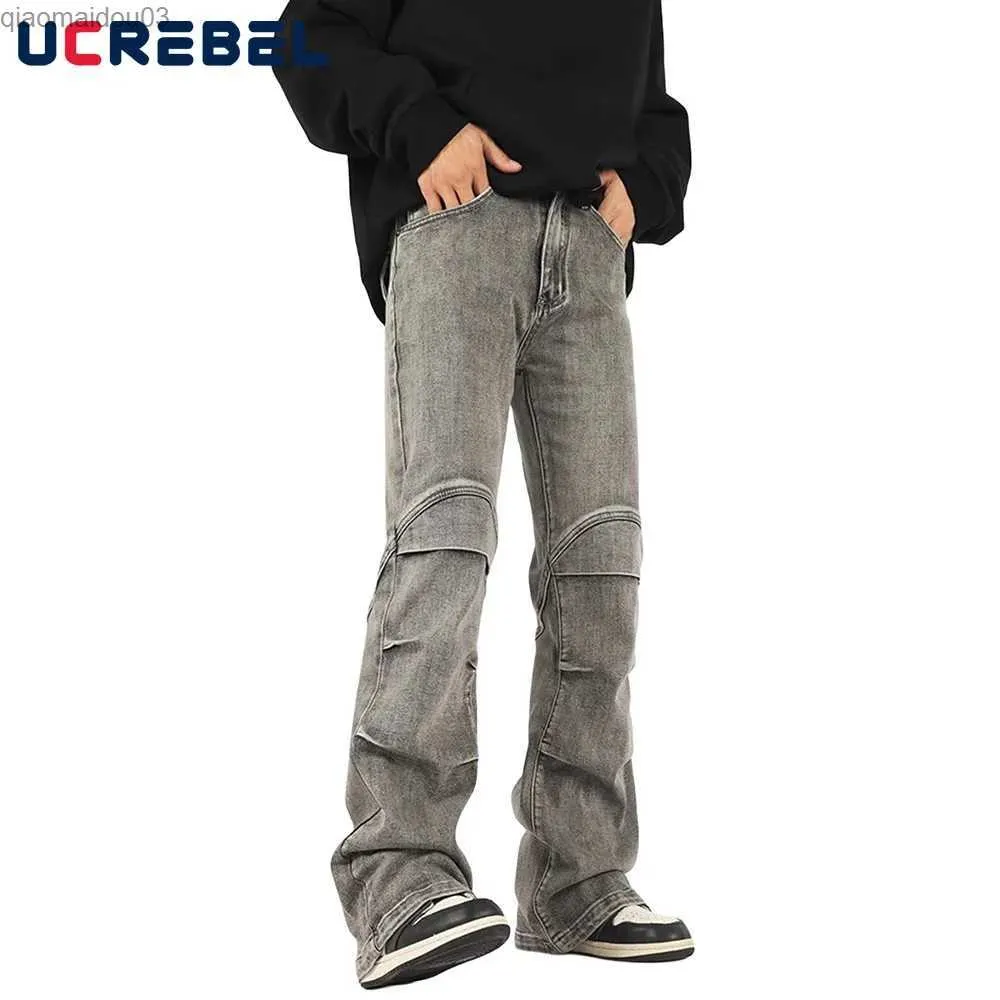 Men's Jeans Laundry severe pleated jeans mens patchwork jeans high street loose sparkling denim pants mens TrousersL2404