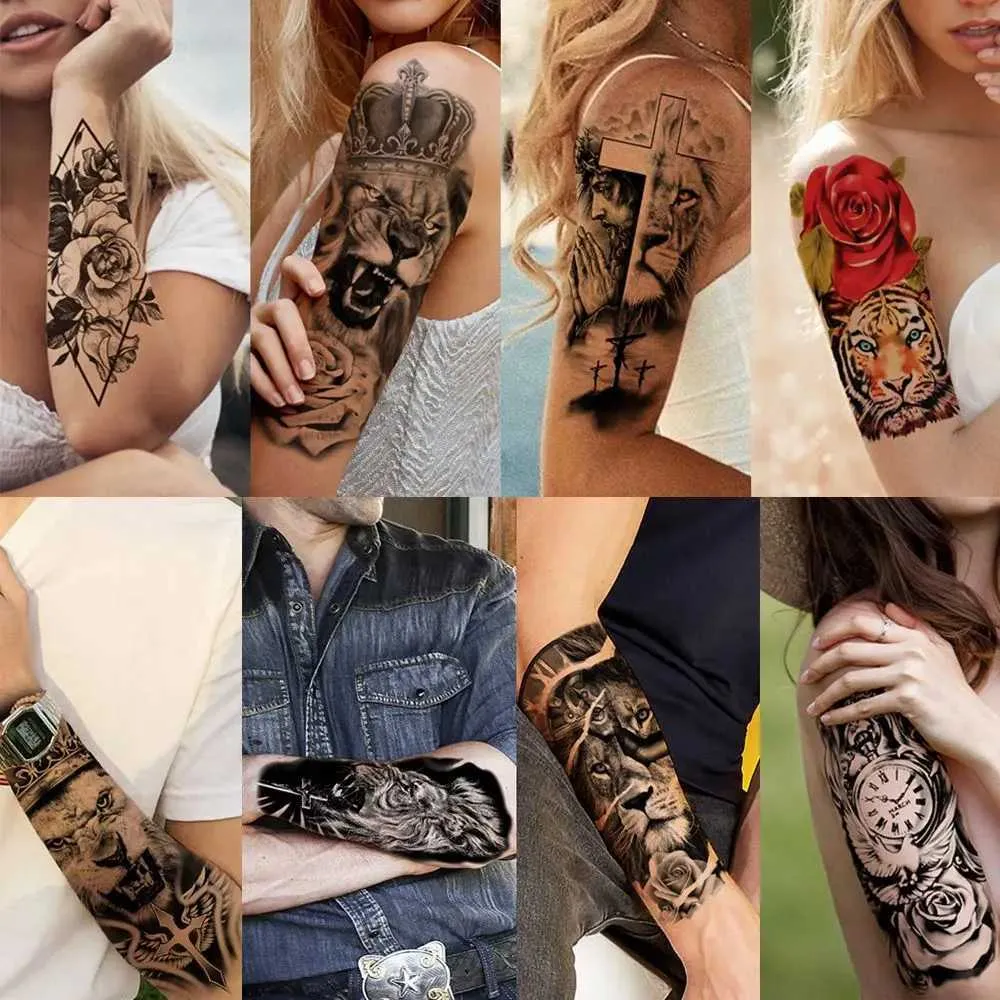 87ll Tattoo Transferência de tatuagem da floresta negra para homens Mulheres crianças Tigre Wolf Skull Tattoo temporário tatuagem falsa Henna Skeleton King Animal Tatoo 240427