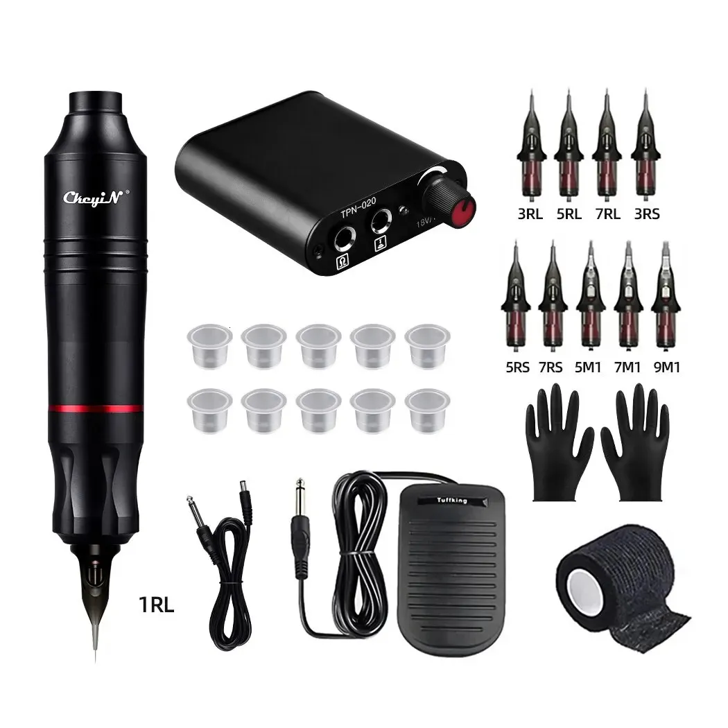 Tatueringssats Komplett Set Wireless Rotary Tattoo Machine Pen Kit DC Gränssnitt med patronnåler Permanent Makeup Tattoo Set 240415