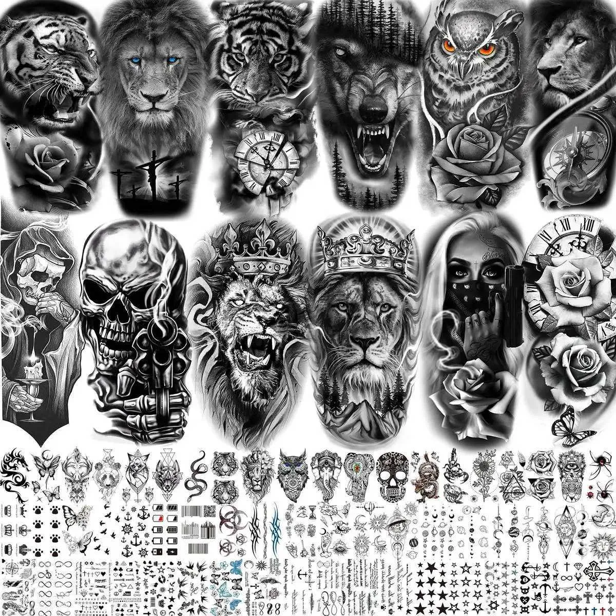 Tattoo -overdracht 69 Sheets 3D Tiger Lion Tijdelijke tatoeages voor mannen Volwassenen onderarmarm Tattoo Sticker Fake Waterdichte waterdichte wolven Skull Tatator Body Art 240426