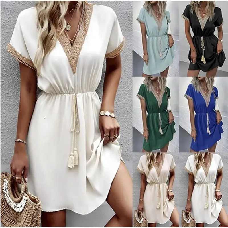 Elegante dames witte jurken zomer stevige korte mouw kanten v-hals tailleband vrouwelijk strand midi jurk s-xxxl 240418