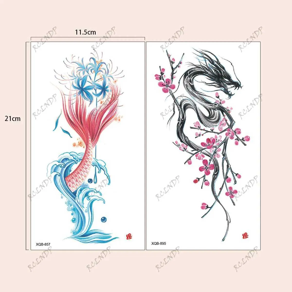 Transfert de tatouage étanche à tatouage temporaire étagère à la queue de poisson fleur dragon faux tatou flash tatoo bras arrière cuisses tato pour femmes 240426