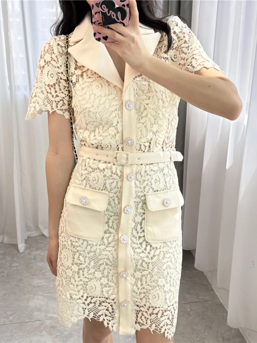 SP Summ Pure Color Panelsed Кружевное платье из белого с коротким рукавом V-образным образу
