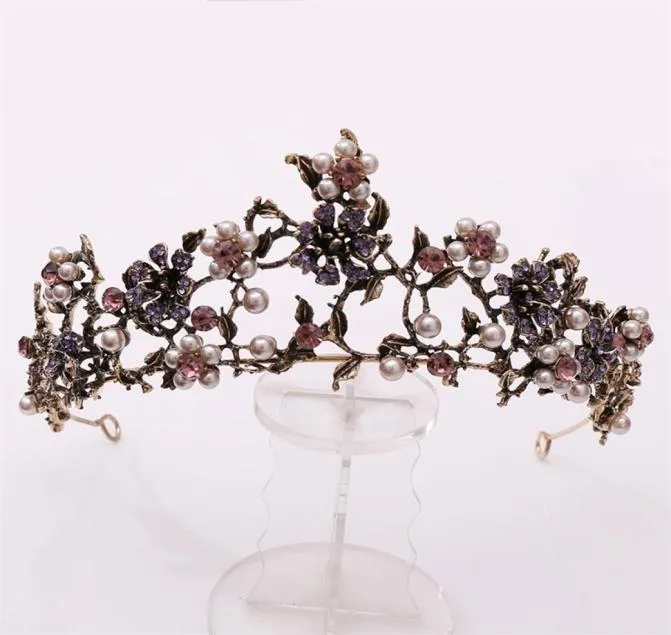 Barock Vintage Schwarzer lila Kristallperlen Braut -Tiaras Krone Festzug Diadem Schleier Tiara Hochzeit Haarzubehör 2107012411658