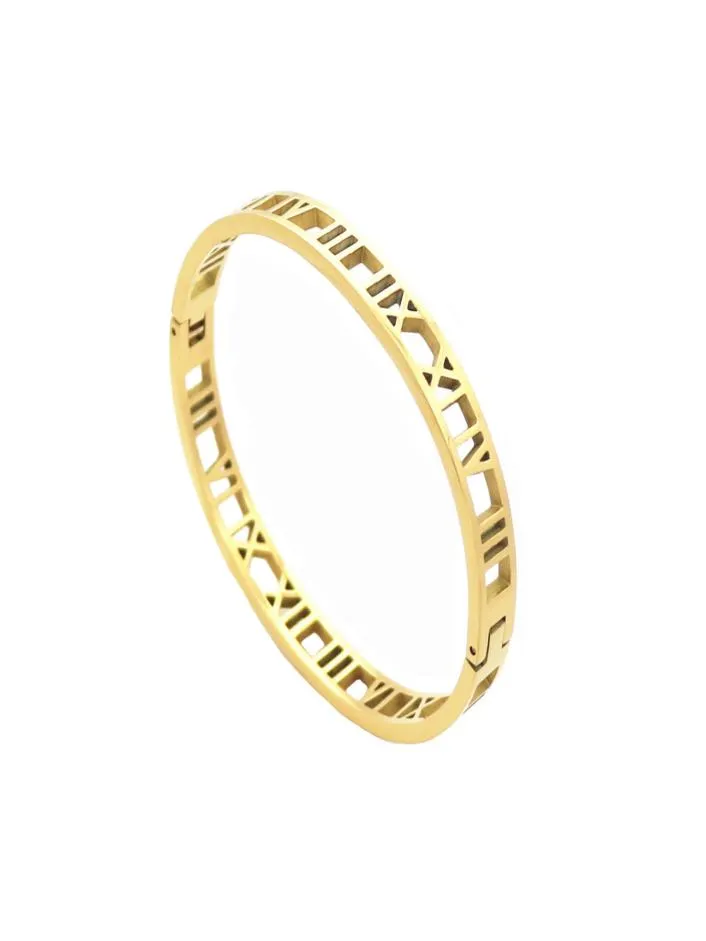 Baoliren Titanium Steel Roman Numerals Jewelry Yellow Gold Hollow Out Bangle for Women T2004235984899