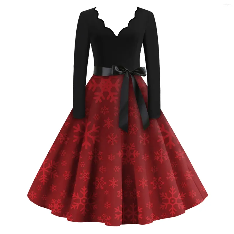 Casual Dresses Women Fashion V Neck Dress Retro midja Big Hem Slim Christmas Print Långärmad Bow Tie Autumn Winter Evening