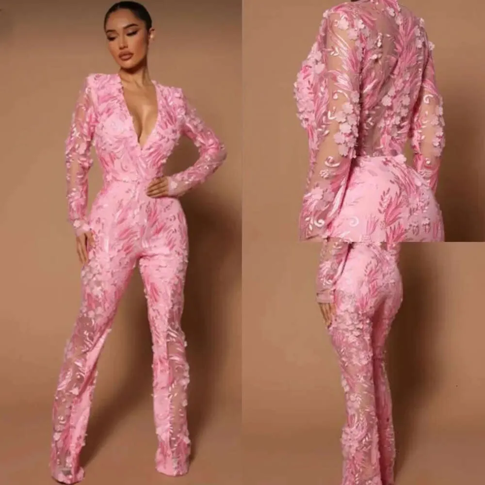 Blommor 3D rosa klänningar moderna spetsar prom jumpsuits blommor applikationer v-ringning långa ärmar illusion formella aftonklänningar kvinnor special ocn celebrity party slitage