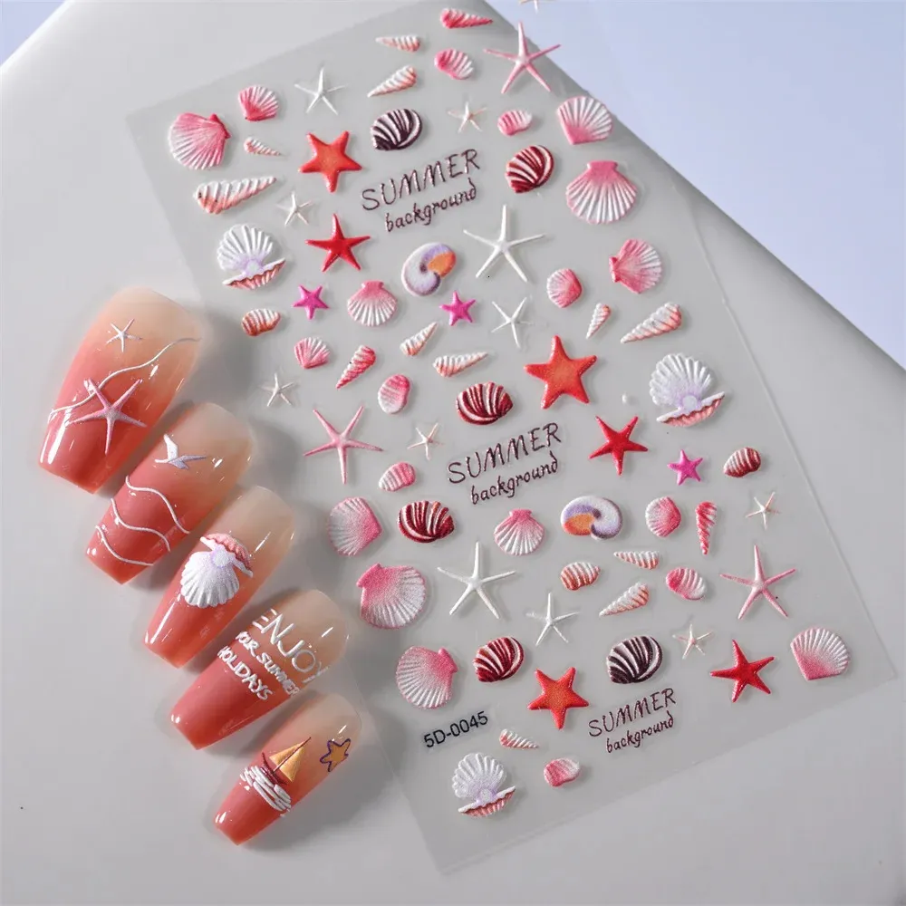 1 Sheet Sea Shell 5D Nail Decals StarfishShell Beach Embossed Reliefs SelfAdhesive Sticker Ocean Summer Slider 240425