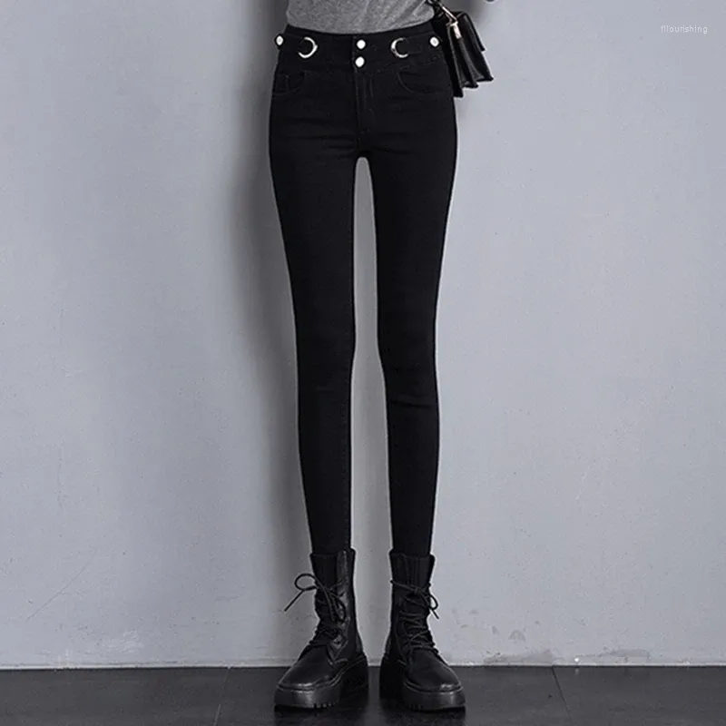 Women's Jeans High-waisted Denim Trousers Solid Color College Students Slim Stretch Pencil Black Women