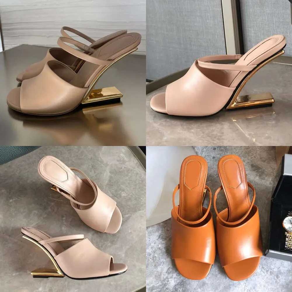 Skulpturerade senaste metall tofflor Kvinnor Fashion Blue Gold Heel Sandaler Abnormala öppna tår Slip-on Slides High Heels Shoes Designer Dress Shoes S Original Kvalitet