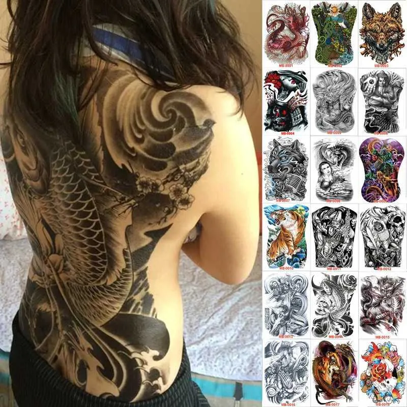 TRASFERIMENTO TATTOO 48*35 cm Adesivi da tatuaggio di grandi dimensioni 2018 Nuovi disegni Fish Wolf Buddha Buddha impermeabile tatuaggi flash temporanei TATTO CORPO PER MASCHIO PER UOMINO 240427