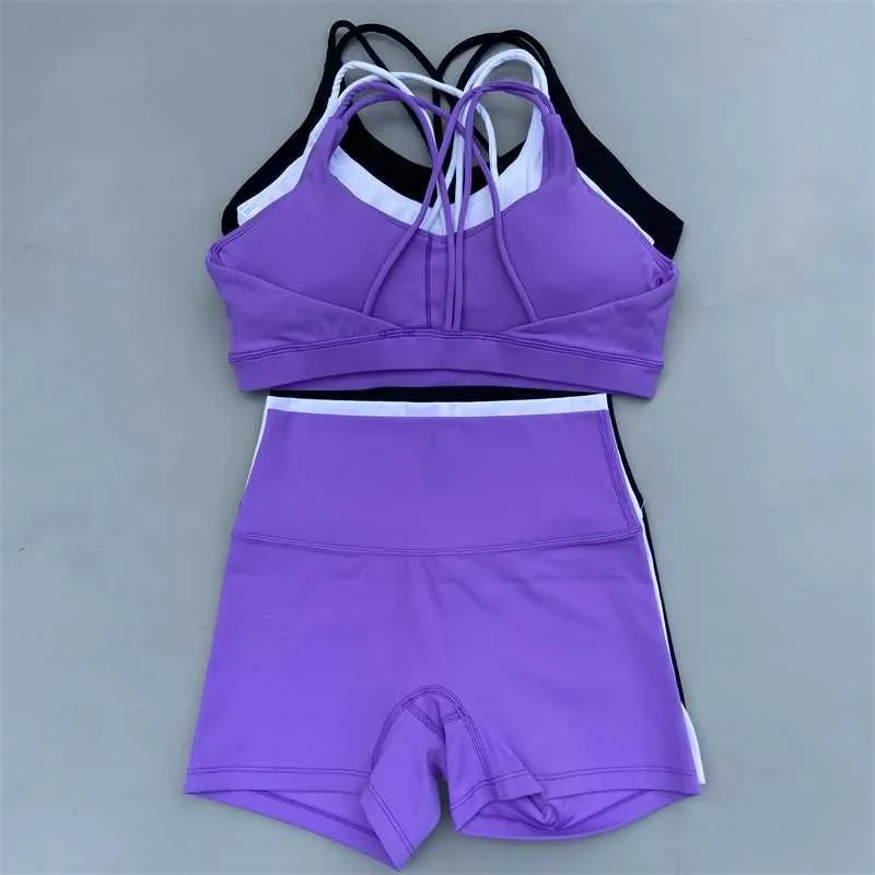 Women's Tracksuits Yoga shorts set womens gym sports set fitness track and field suit two-piece fitness set cross strap bra high waisted sprint suit 240424