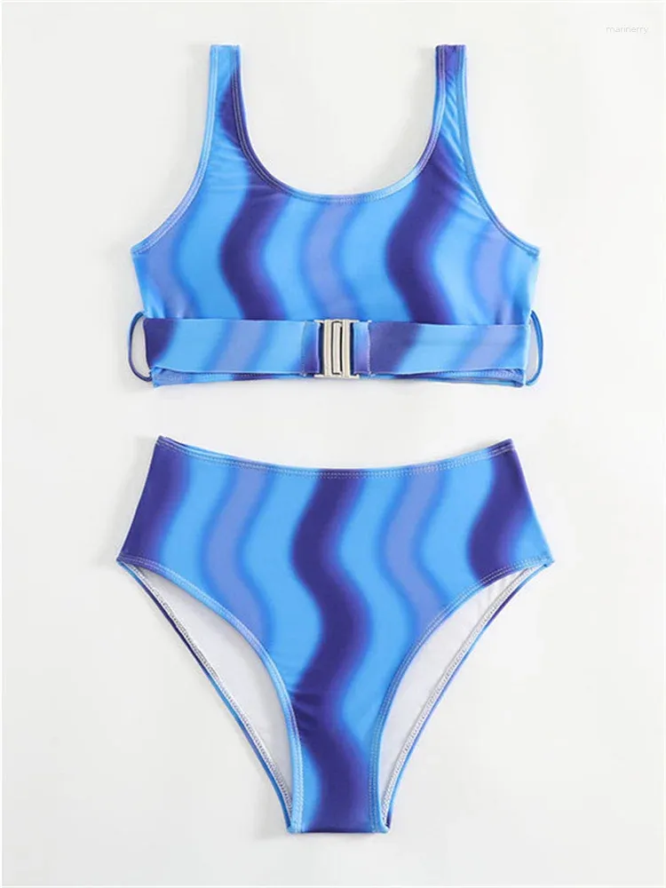 Swimwwear Women Sexy High Waist Bikini Set 2024 Blue Gradient Striped Backle Push Up Swimsuit Summer Bathing Fssue Two Piece Biquini