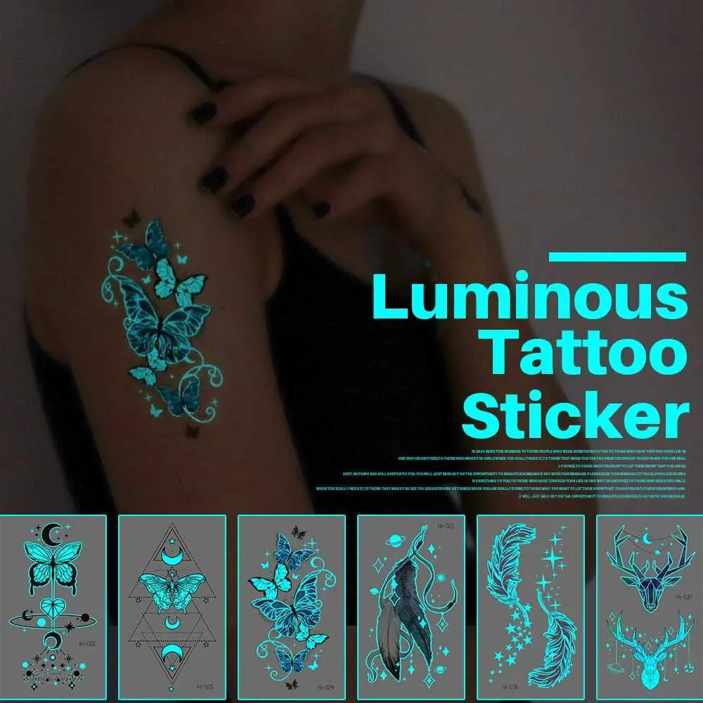 Tatuaż Transfer Butterfly Pióro Niebiesle świetliste tatuaż naklejka Tymczasowa wodoodporna Arm Body Art Fake Tattoos Women Makeup Festival Akcesoria 240426