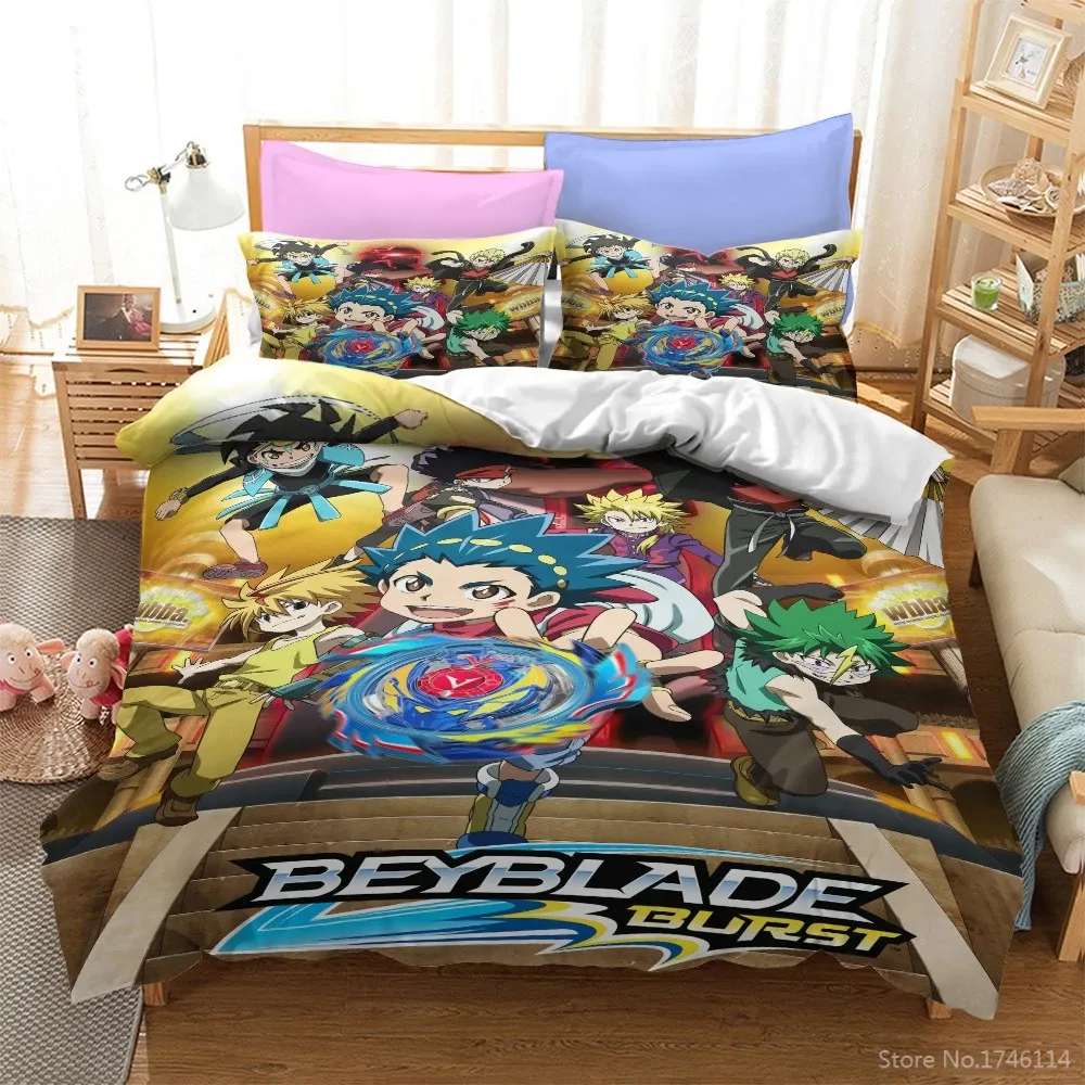 Uppsättningar 3D -tecknad film Beyblade Burst Bedding Set Queen King Size Soft Däcke omslag Kudde Set Home Textile For Children Boys Girls Gift