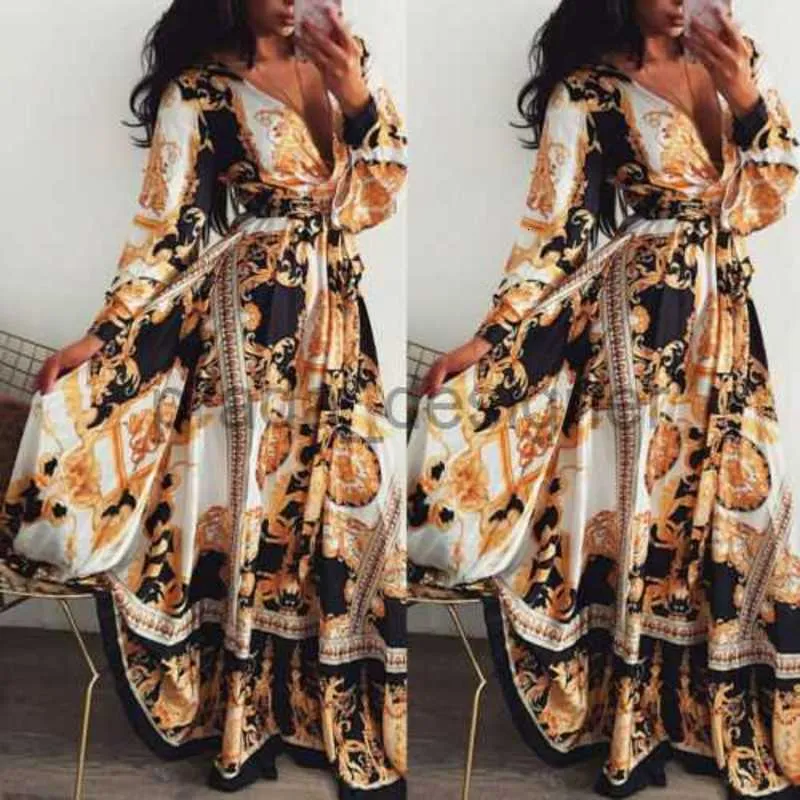 Designer kvinnors avslappnade klänning boho wrap sommar lond klänning semester maxi lös sundress blommig tryck v-hals långärmad elegantklänningar cocktail part