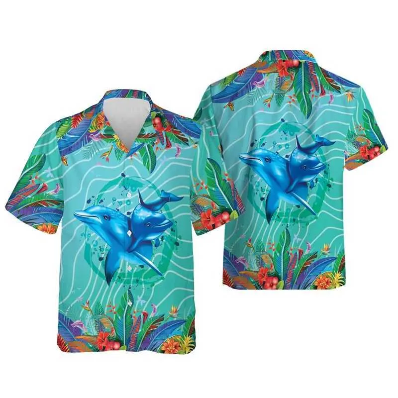 Camisas casuais masculinas Harajuku Dolphin camisas gráficas para homens camisa de praia havaiana casual aloha desenho oceano animal mulheres blusas y2k boy butts 240424