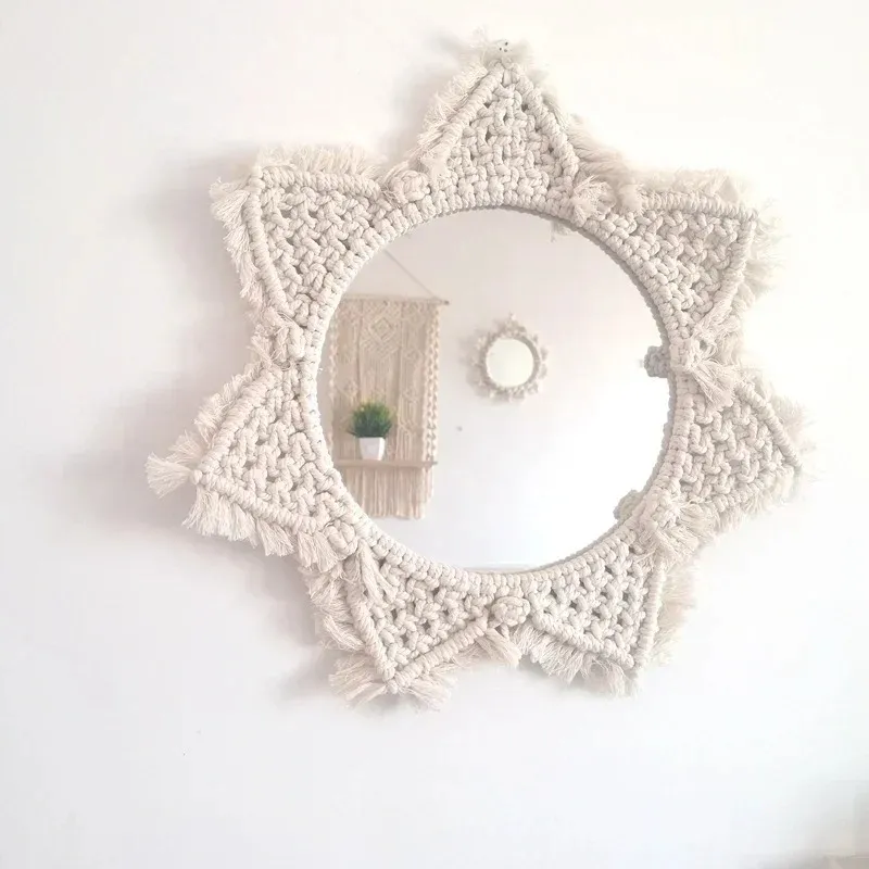 Home Makeup Macrame Mirror Handmade Makeup Mirror Lighted Compact Wall Tapestry Home Porch Mirrors for Bath Room