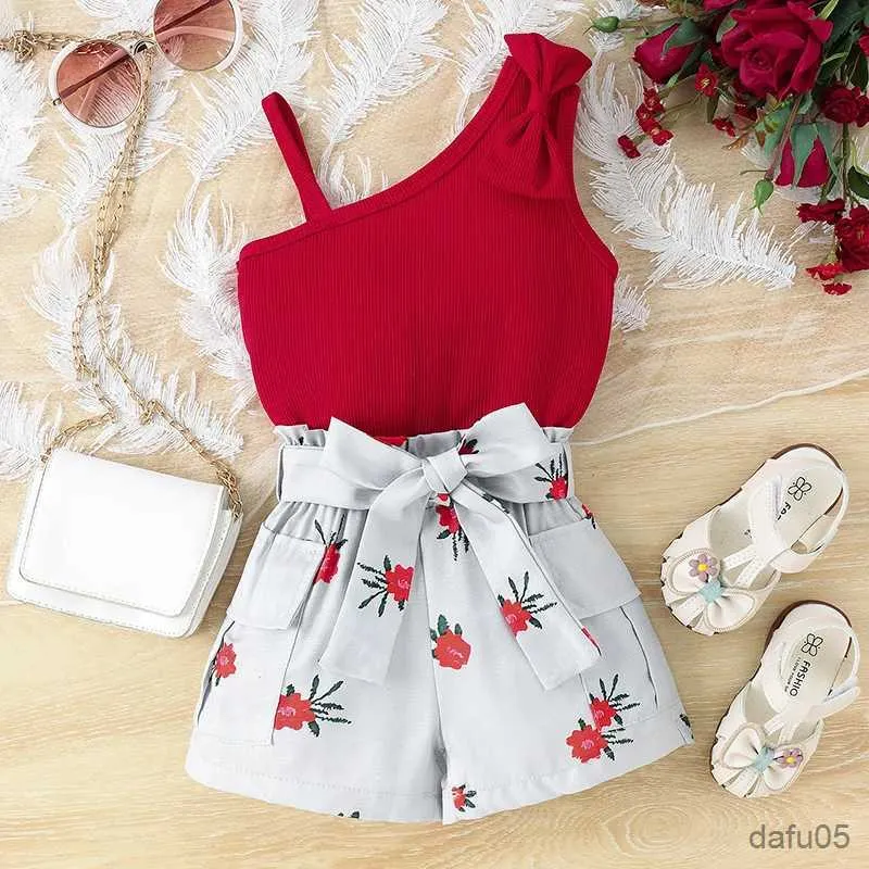 Kledingsets zomer peuter kleren Baby Girl Bow mouwloze cami tops met bloemenprint shorts en riem 2 stks outfits kinderkleding kleding