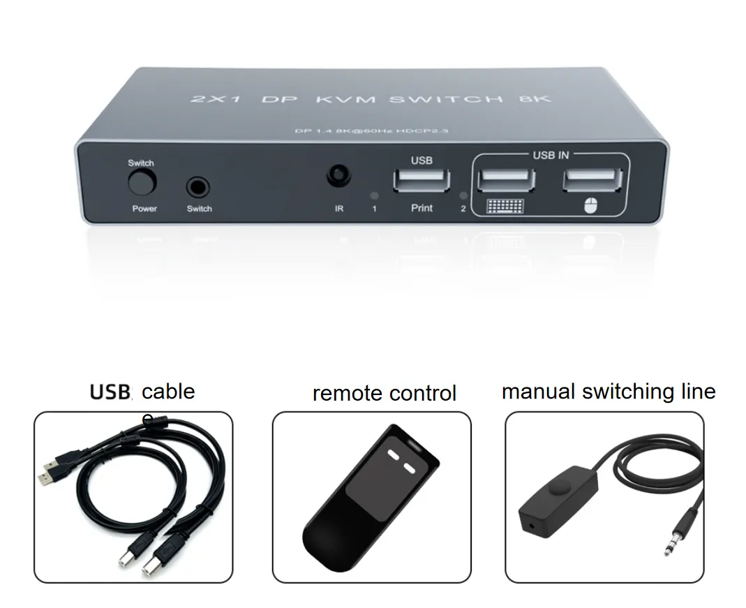 Displayport KVM Switch 2x1 4K 60Hz 8K DP USB KVM Switch 2 in 1 out for Share Mouse keyboard Monitor with Desktop Controller