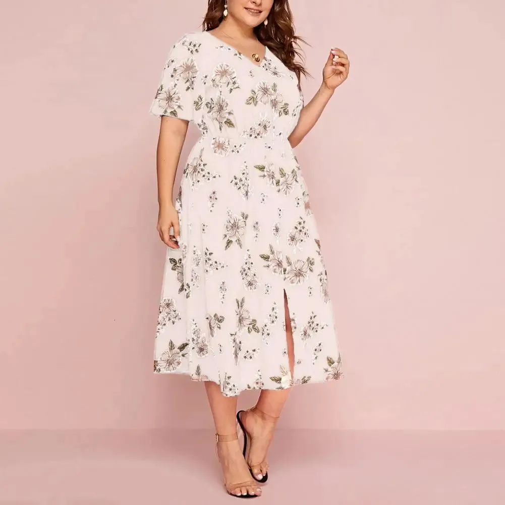 Femmes midi robe grande ourlet dame d'été à manches courtes en V