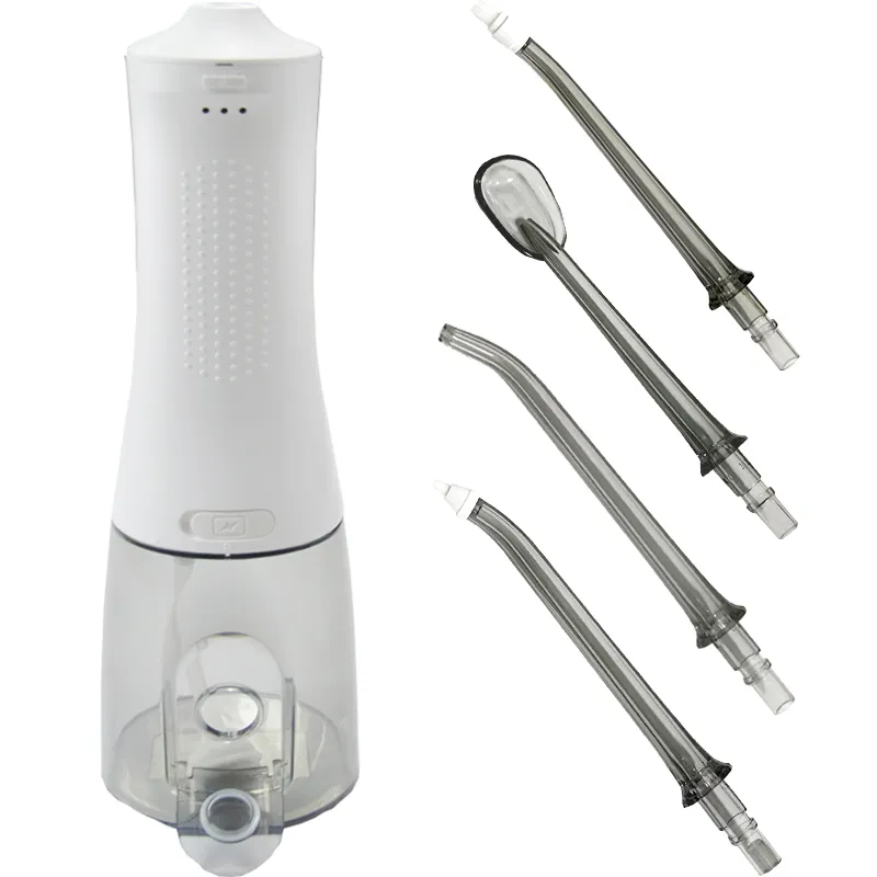 Oral Irrigator USB laddningsbar tandborr Bortabel tandsprut 350 ml Vattentank vattentät oral rengöringsmedel, med 4 munstyckskombinationer, svarta och vita stilar