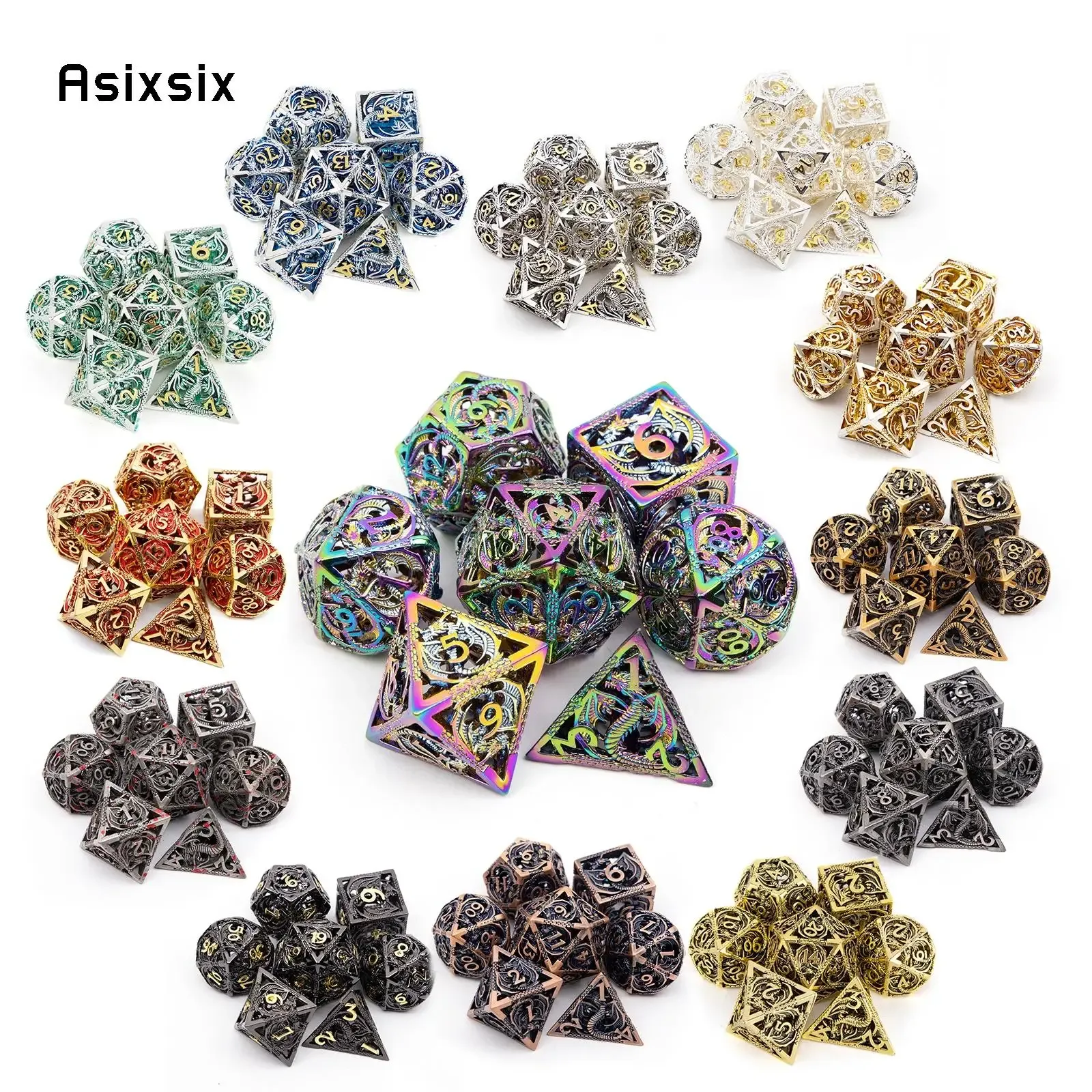 Spela 7 st alla typer av färg Dragon Metal Dice Hollow Metal Polyhedral Dice Set Lämplig för rollspel RPG -brädspelkortsspel