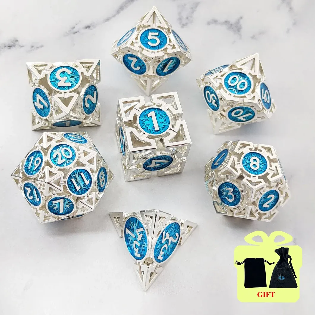 Jogo 7pcs dnd metal hollow dice conjunto de dados de tabuleiro de placa dd dd dd hollow dd para dnd rpg roll tocando dados d20 d12 d10 d8 d6