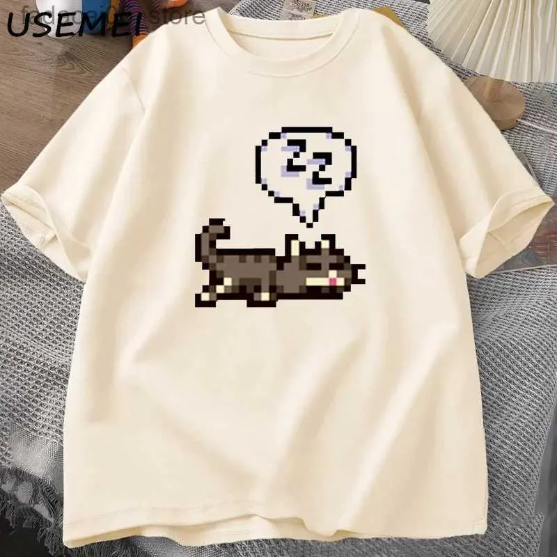 T-shirty męskie Stardew Valley Sleeping Cat Sploot Graphic T-shirt na męski wolny czas i zabawne krótkie rękawowe bawełniane ubrania bawełniane Q240425