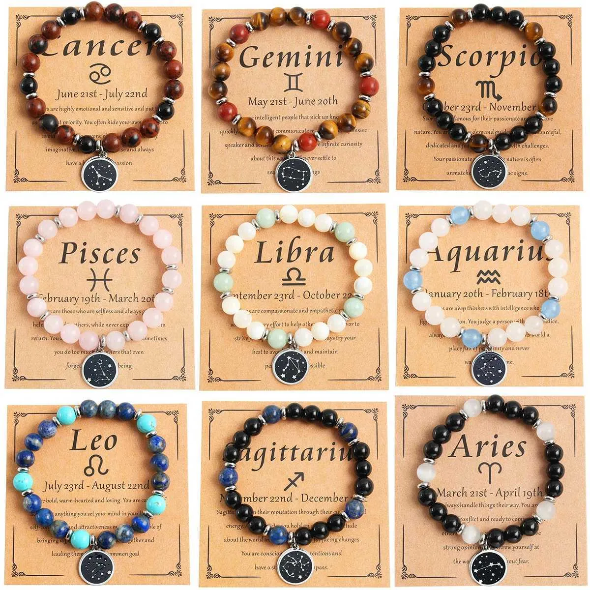 Kralen MHS.Zon 12 Zodiac natuursteen tijger oog/carneliaanse kralen armband stalen constellaties handgemaakte dames verjaardag sieraden