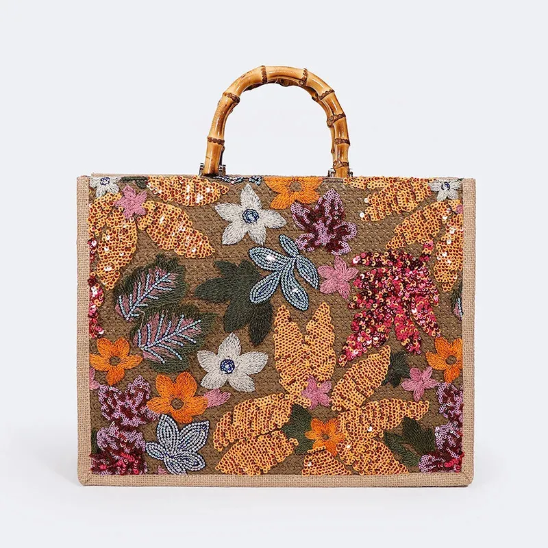 Vintage Bamboo Handle Women Handbags Sequins Embroidery Tote Bags Casual Linen Large Capacity Summer Beach Bag Big Female Purse 240418