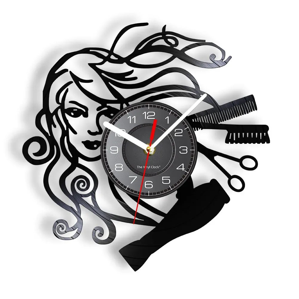 Clocks Hairstyle Beauty Salon Vinyl Record Wall Clock Hair Stylist Salon Barber Shop Retro Black Wall Clock Hairdresser Gifts for Woman