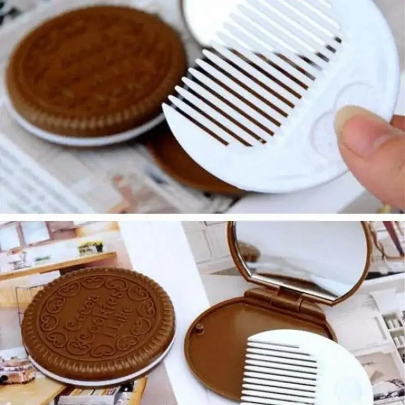 Cute Chocolate Cookie Shaped Fashion Design Makeup Mirror with 1 Comb Set