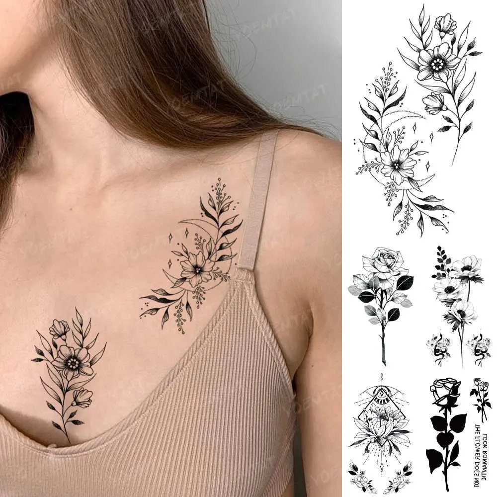 Tattoo Transfer Waterproof Temporary Tattoo Sticker Black Line Simple Flower Rose Sexy Women Flash Tatoo Kid Wrist Ankle Body Art Fake Tatto Men 240427