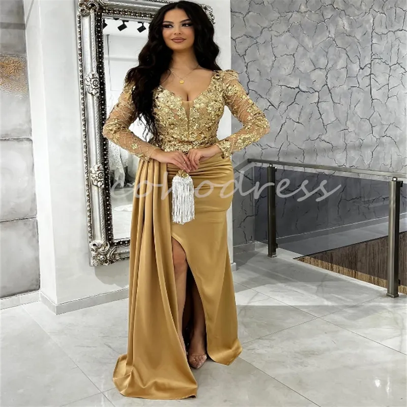 V-Neck Luxury Hand Beading Dubai Mermaid Long Evening Dress - Gold