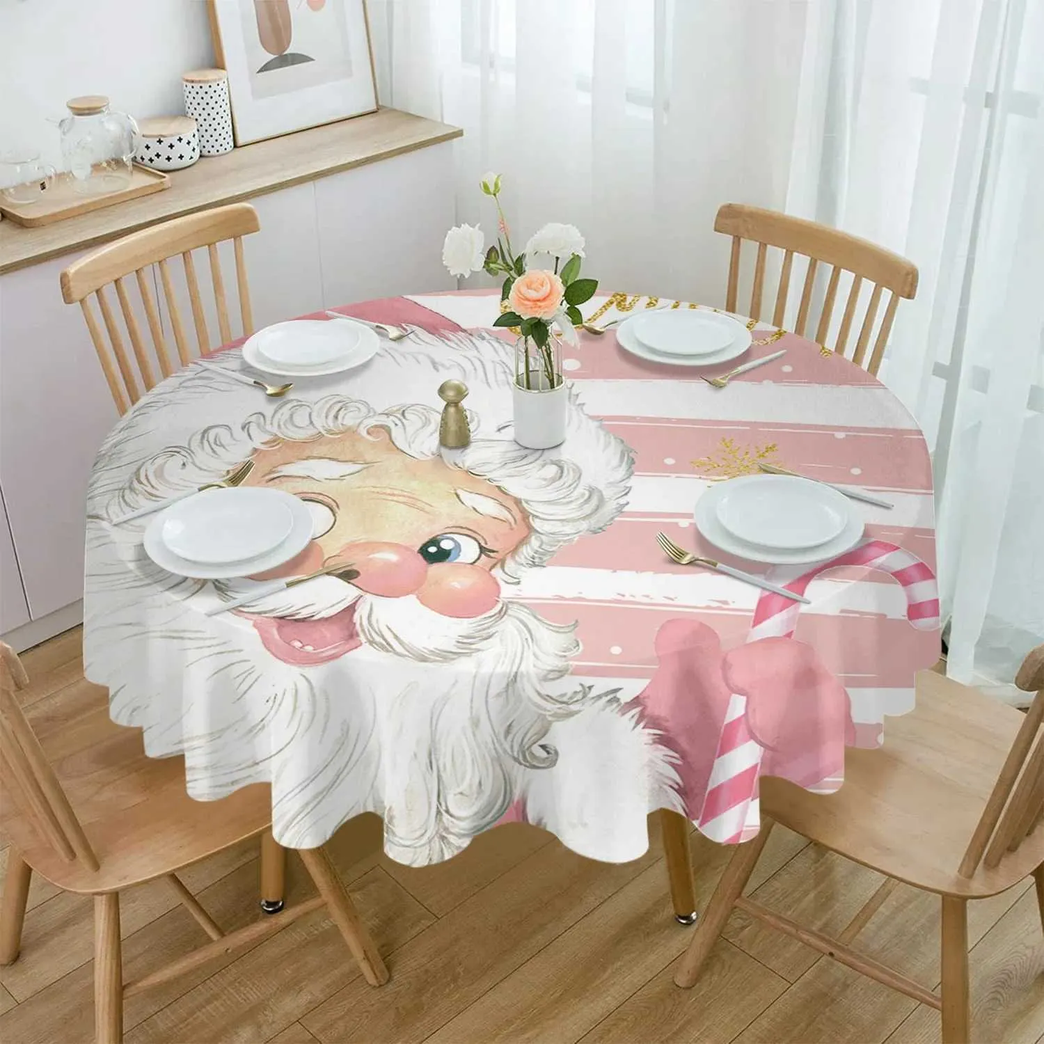 Table Cloth Christmas Pink Elderly Snowflake Candy Waterproof Table Cloth Table Decoration Home Kitchen Restaurant Round Table 240426