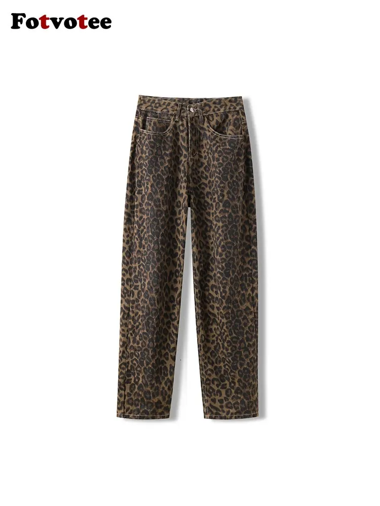 Leopardenmuster Jeans für Frauen Mode High Taille Vintage Wide Leg Denim Hosen 2024 STRASSWEISE RETRO Casual Y2K Baggy Jeans 240415