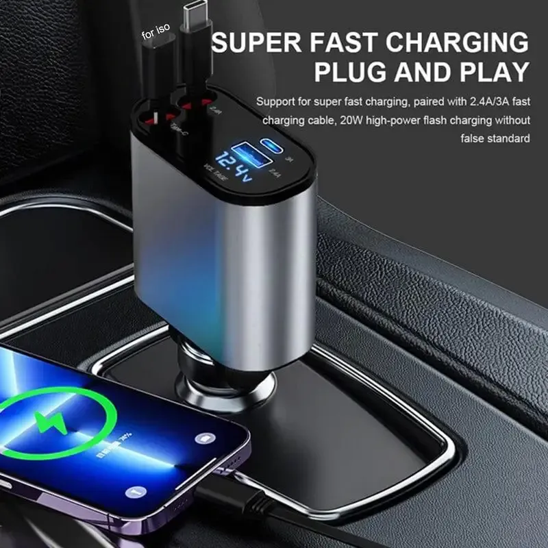 Chargers 4 IN 1 100w Retractable Car Charger USB Type C Cable For IPhoneHuaweiSamsung Fast Charge Cord Cigarette Lighter Adapter