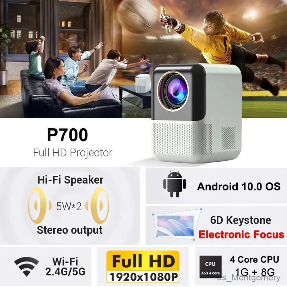 Projetores P700 Projetor Smart Android 1080p Decodificação de vídeo Electronic Wi -Fi Mini portátil Cinema em casa Beamer de festa ao ar livre