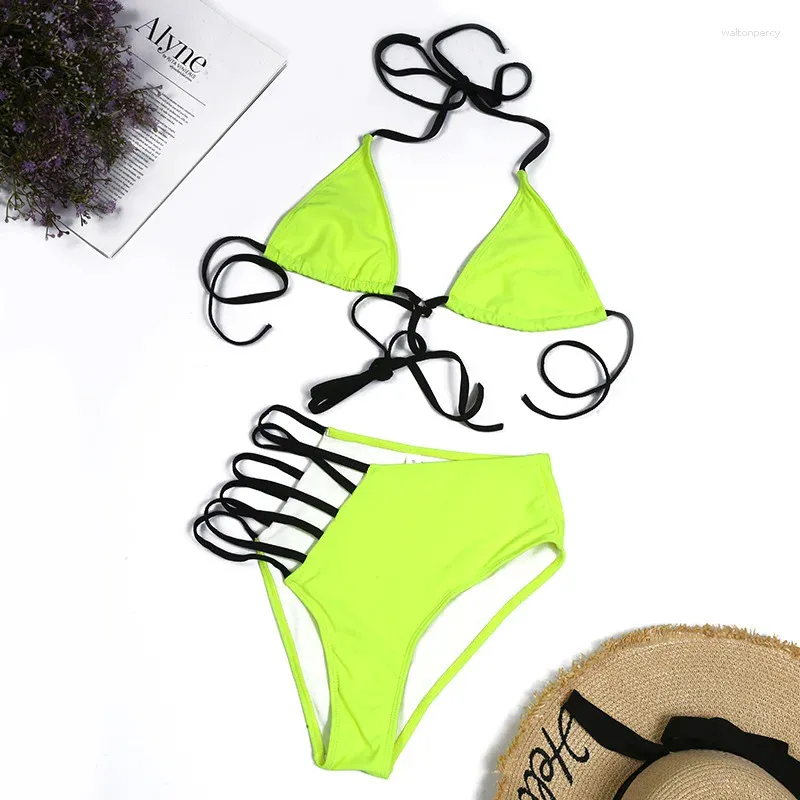 Women's Swimwear Sexy Neon High Waist Thong Bikini 2024 Cut Out Women Swimsuit Swimming Bathing Suit Brazilian Bikinis Set Mujer Biquini