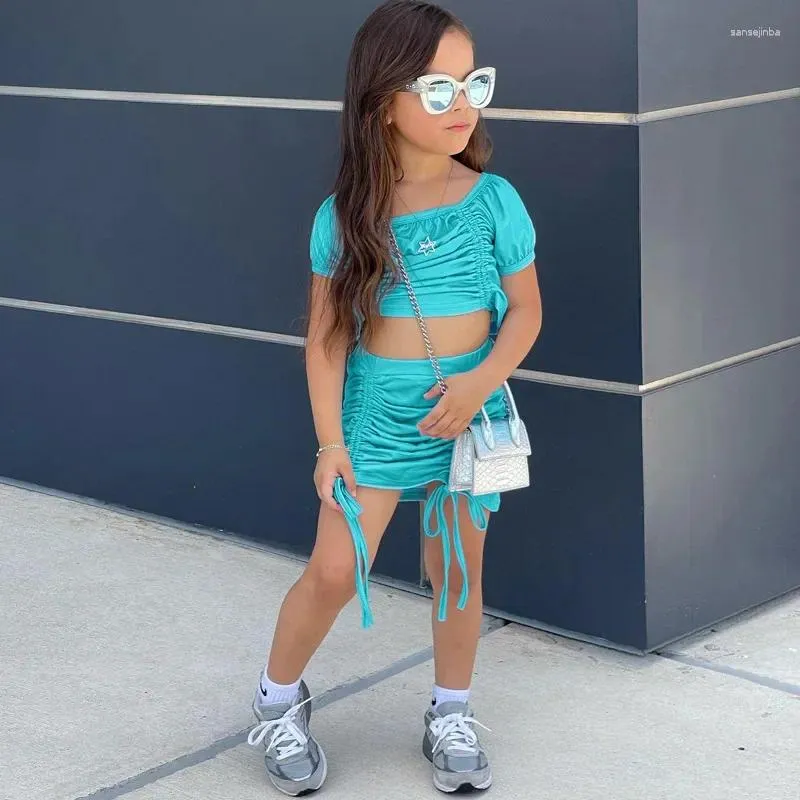 Vêtements Ensemble en deux pièces Baby Girls Clothes Fashion Toddler Blue Blue Short Tshirt Mini jupe à cordon plissé Tircus de 1 à 7 ans