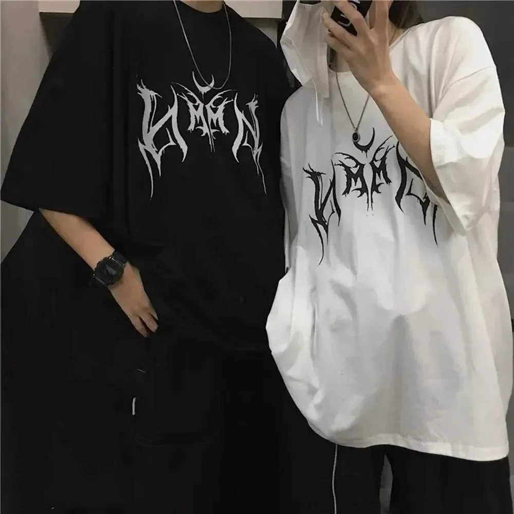 メンズTシャツプラスサイズレディースTシャツヒップホップルーズパンクレタープリントトップブラックサマー90SグラフィックかわいいH240425