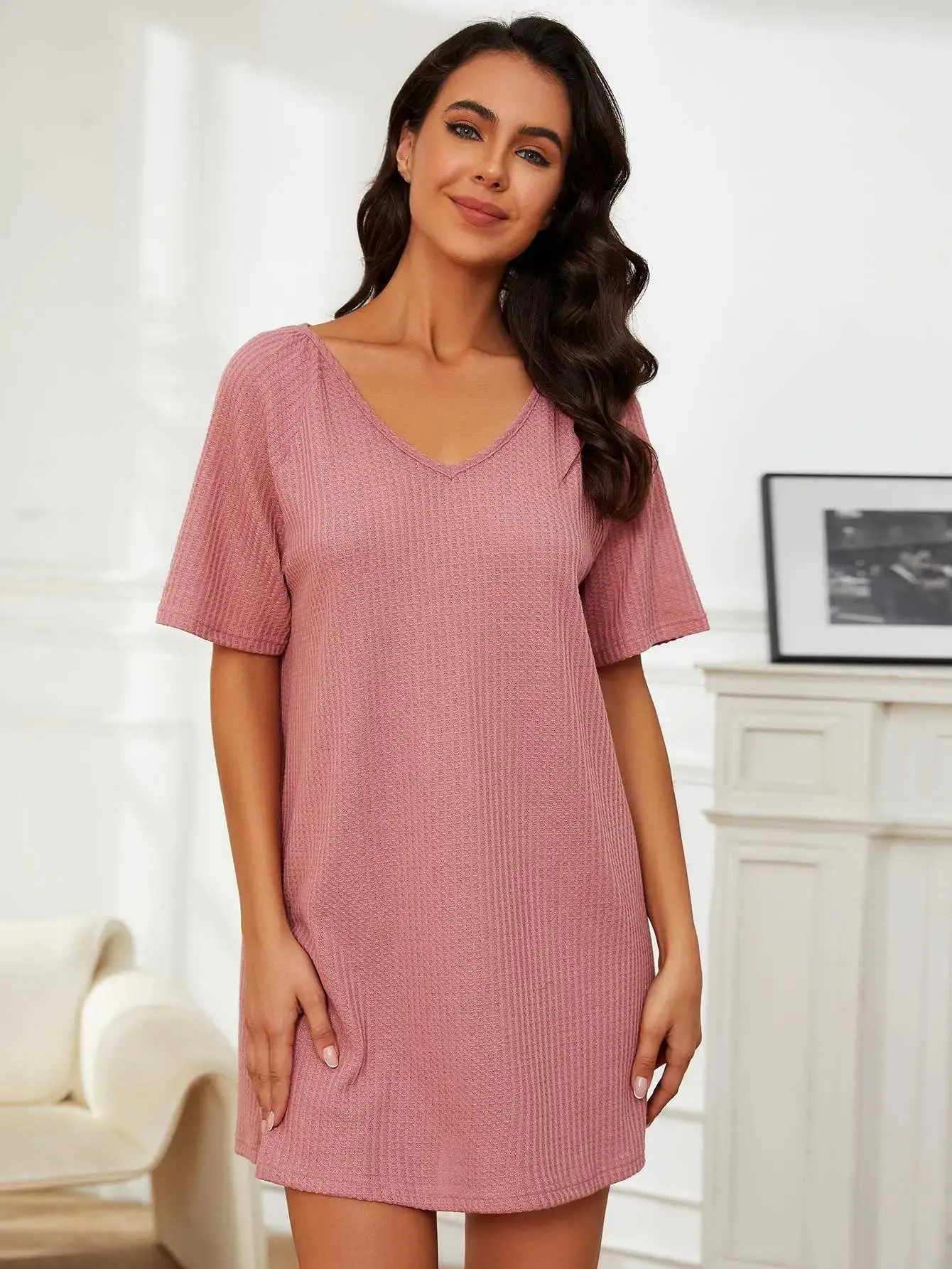 ملابس نوم للسيدات صلبة ألوان متبكّمة نساء ضمن الرقبة القصيرة slves slpwear slpwear summerwear nightwear ملابس homwear ملابس pajama فستان y240426