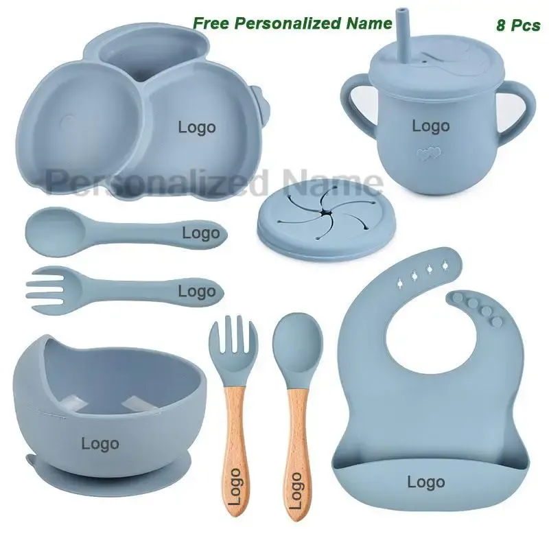 Vestidos Nome personalizado grátis Baby Silicone Rabbit Divided Plate Set Baby Feeding Prishes Prishes BPA Bibs Free Bibs Spoon Fork Copa com Sippy