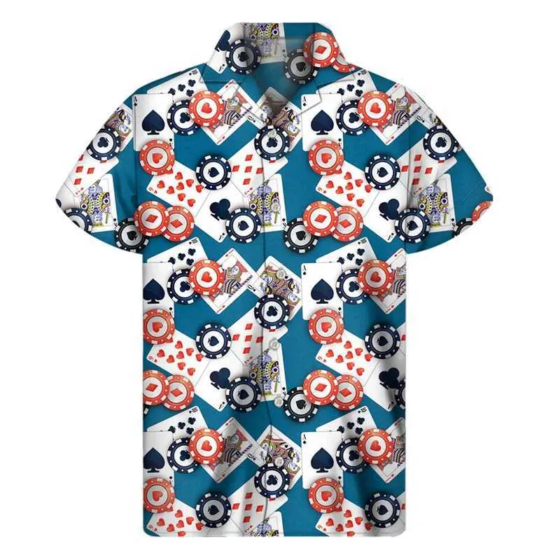 Chemises décontractées pour hommes Populo Casino Poker 3D Torsades imprimées hommes Cool Summer Hawaiian Shirts Tops Street Loose Lapel Blouse Blouse Blouse Boulouse Côtes courtes 240424